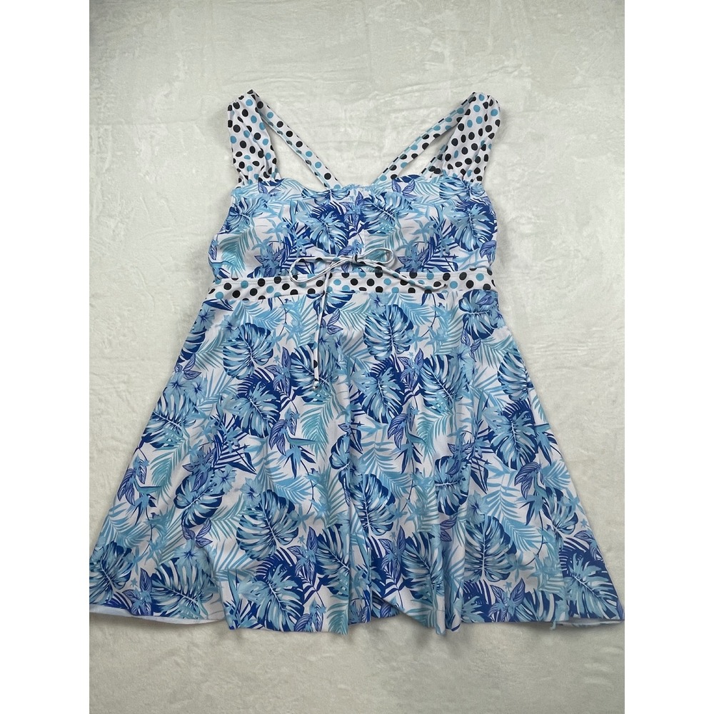 Blue Tropical Floral & Polka Dot Swim Dress Criss Cross Back Womens Plus 2XL
